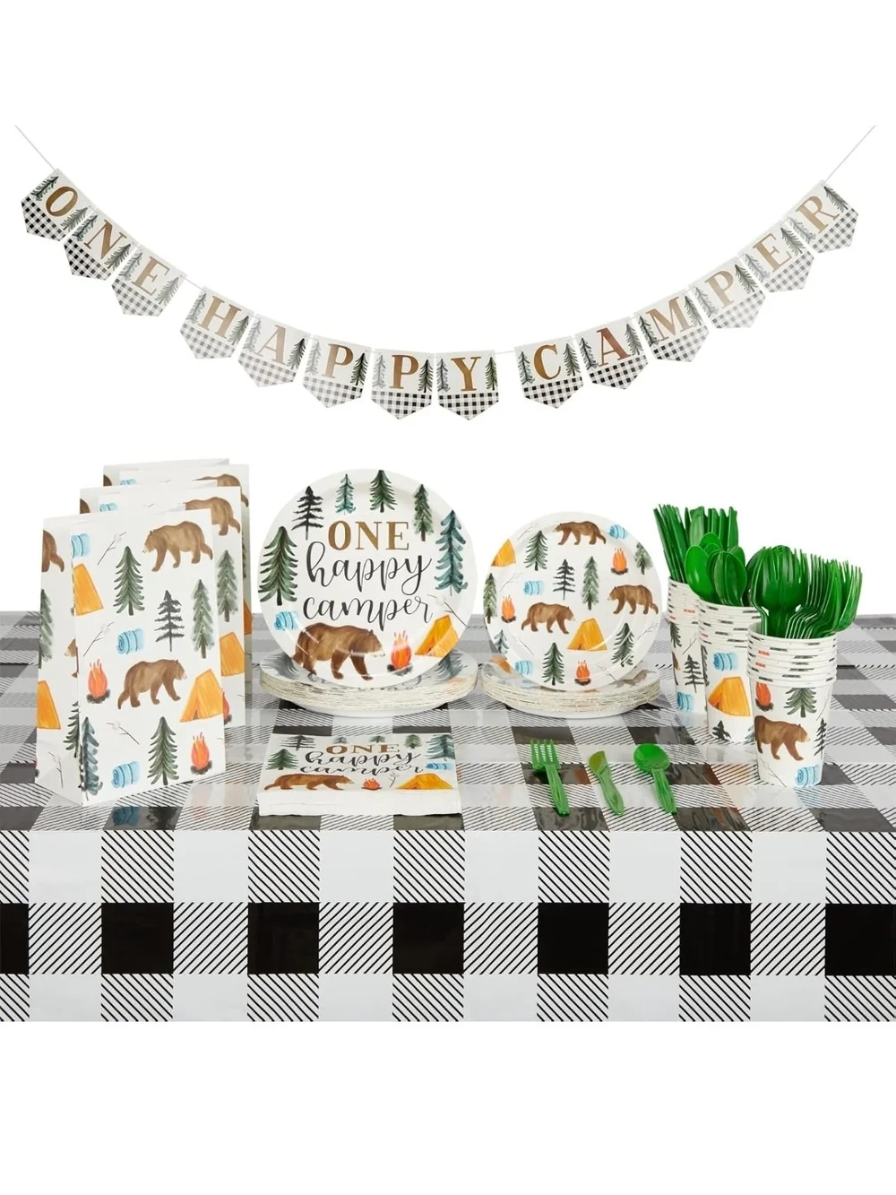 One Happy Camper Paper Party Plates, Cups & Napkins - Green Cutlery & More